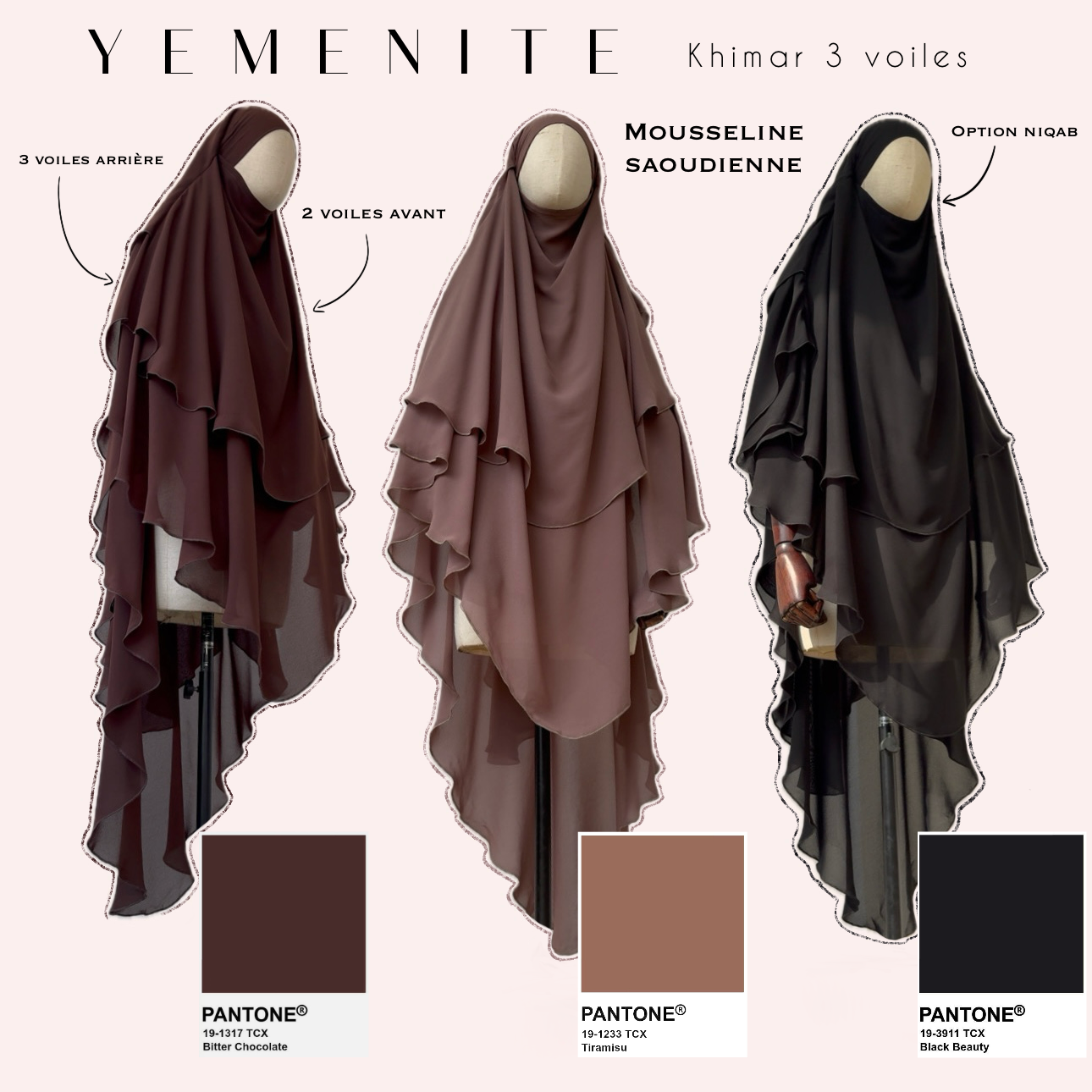 Khimars 3 voiles dans les coloris taupe, marron chocolat, noir en mousseline annotées sur mannequin avec un fond rose clair