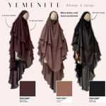 Khimars 3 voiles dans les coloris taupe, marron chocolat, noir en mousseline annotées sur mannequin avec un fond rose clair