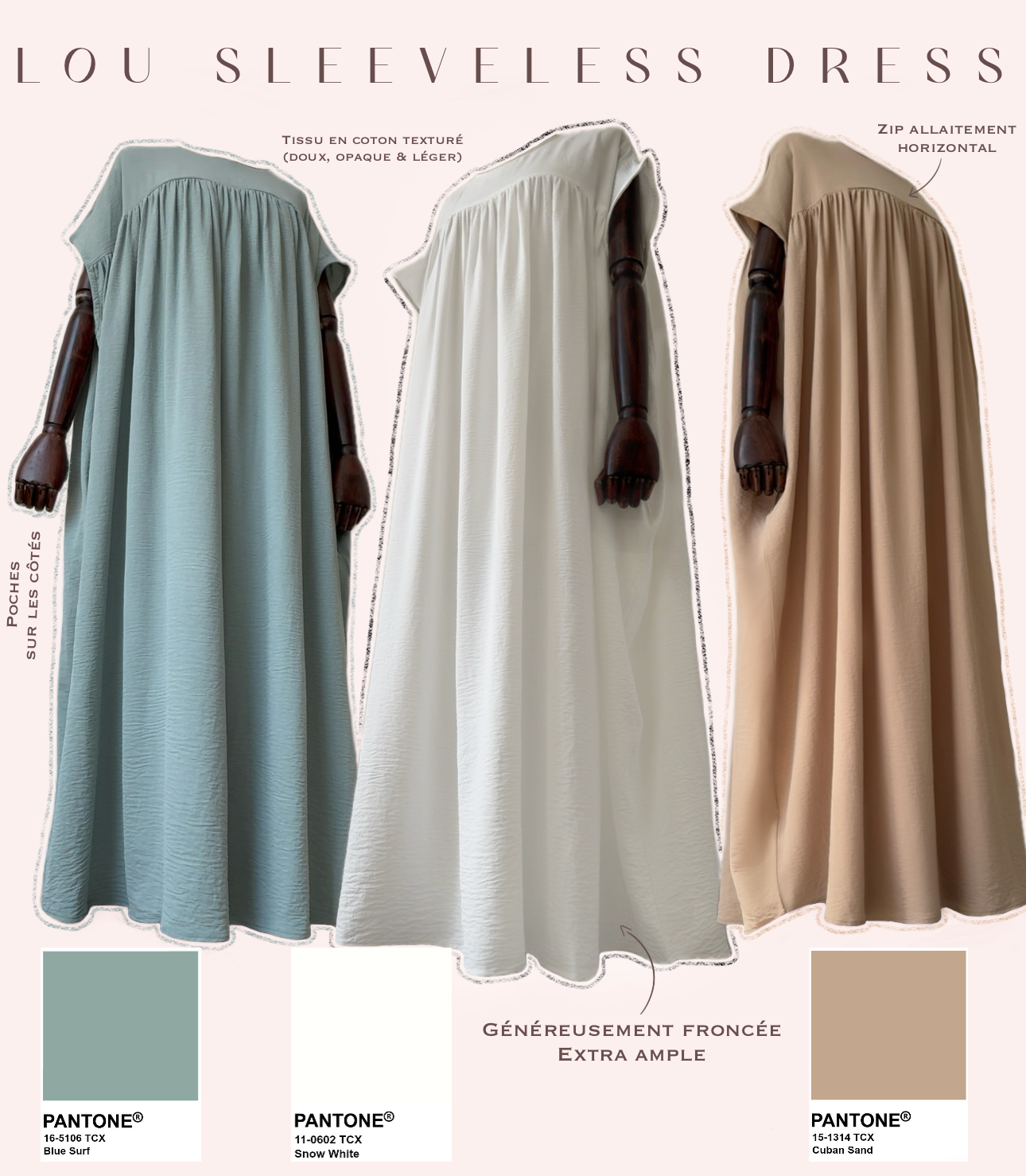 Trois sous abaya blanc vert eau et camel annotés sur un fond rose pâle