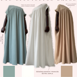 Trois sous abaya blanc vert eau et camel annotés sur un fond rose pâle