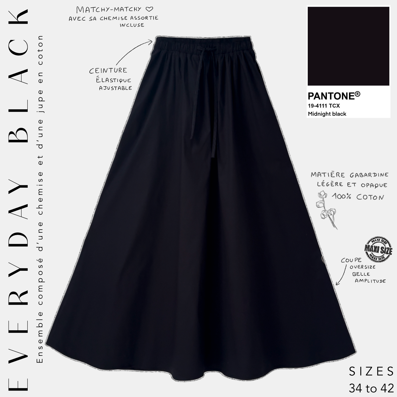 Everyday black  ensemble composé d'une chemise et d'une jupe en Cotton midnight black