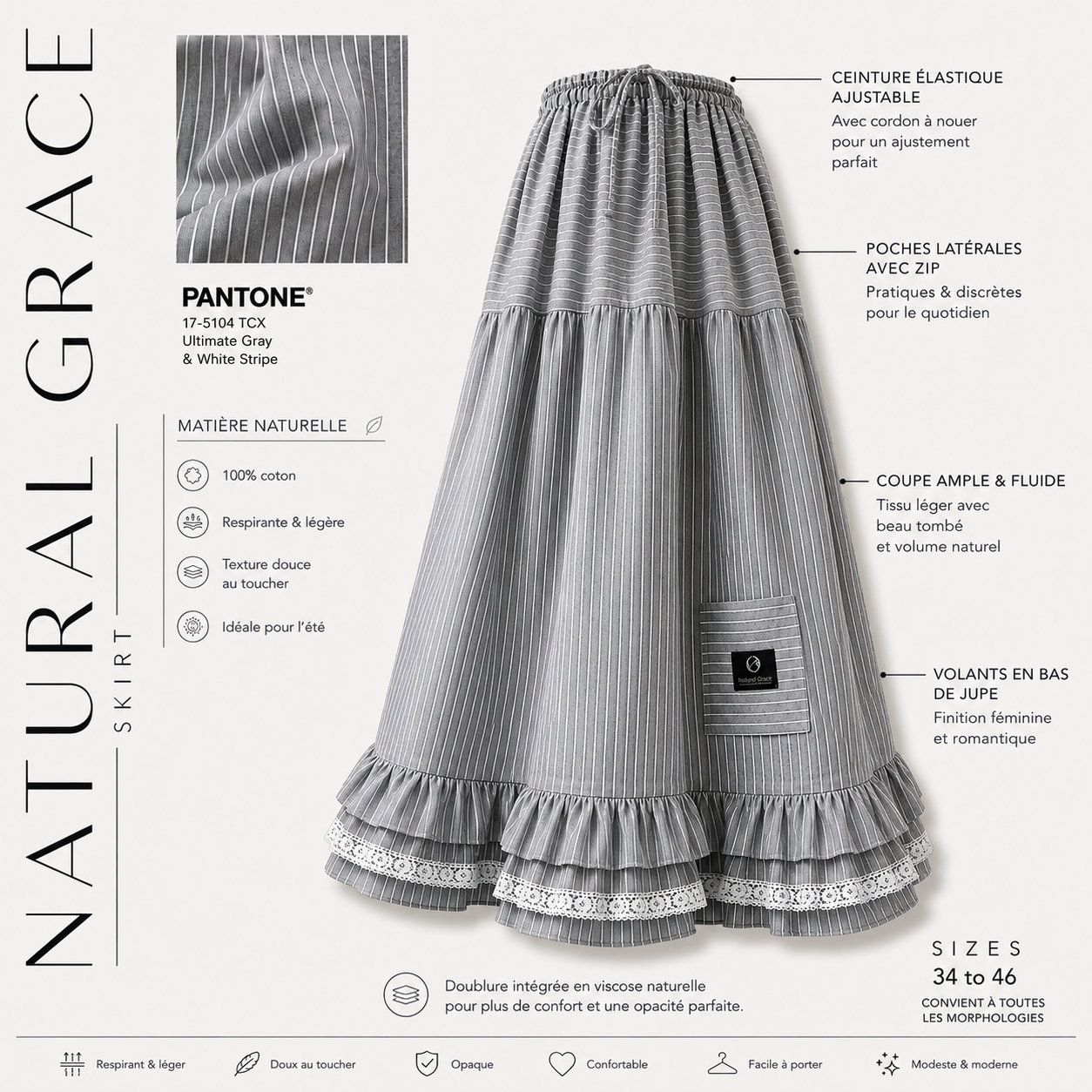Jupe maxi à volants et rayures « NATURAL GRACE SKIRT » - OUMMI BASICS