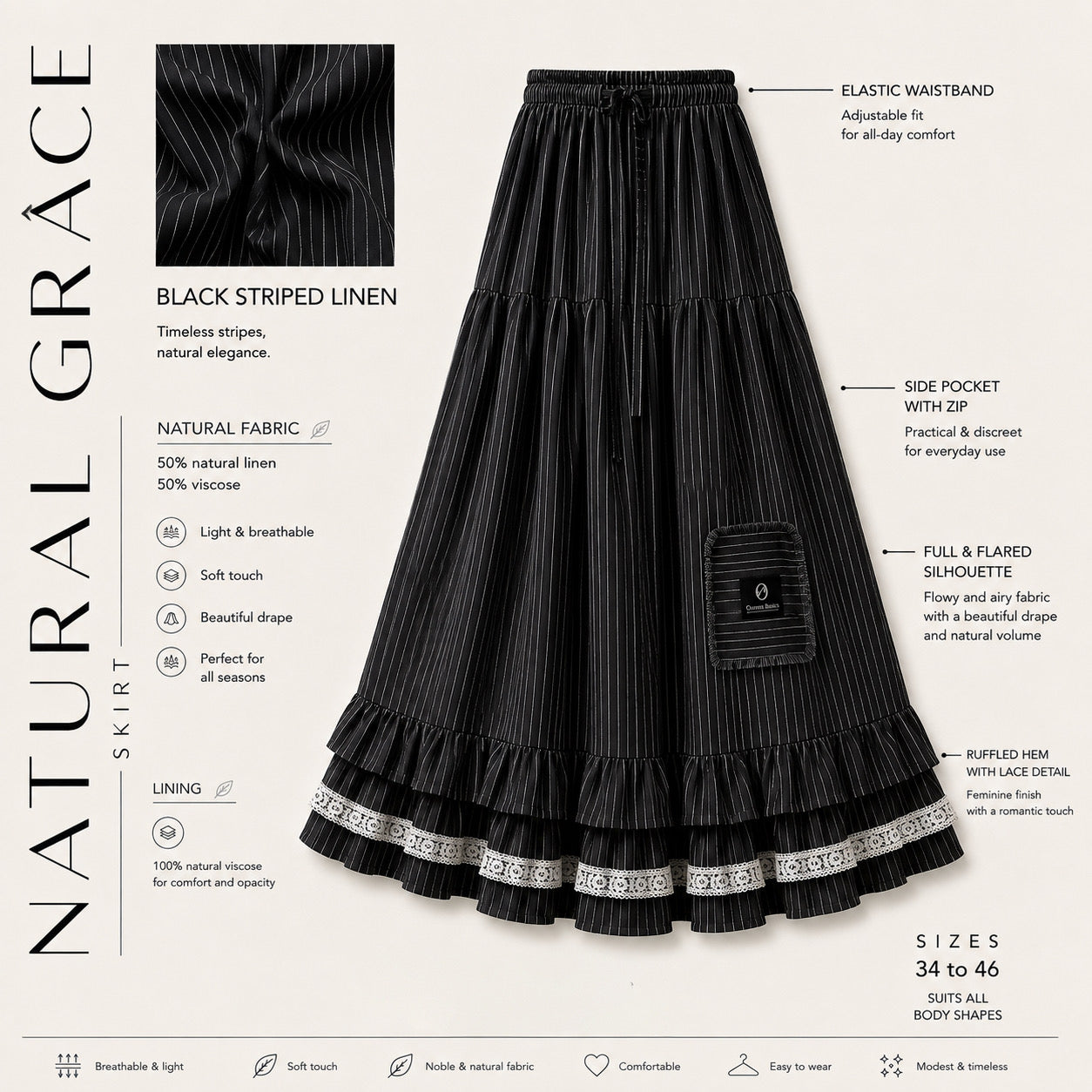 Jupe maxi à volants et rayures « NATURAL GRACE SKIRT » - OUMMI BASICS