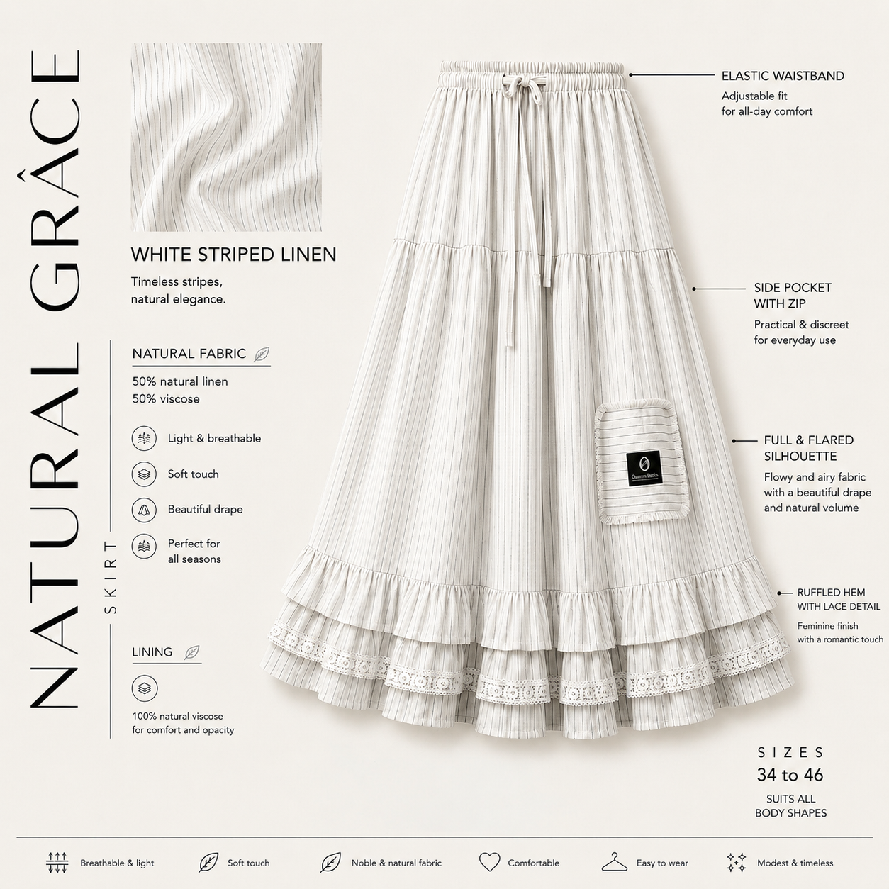 Jupe maxi à volants et rayures « NATURAL GRACE SKIRT » - OUMMI BASICS