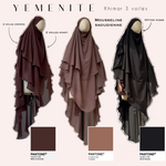 Khimars 3 voiles dans les coloris taupe, marron chocolat, noir en mousseline annotées sur mannequin avec un fond rose clair 