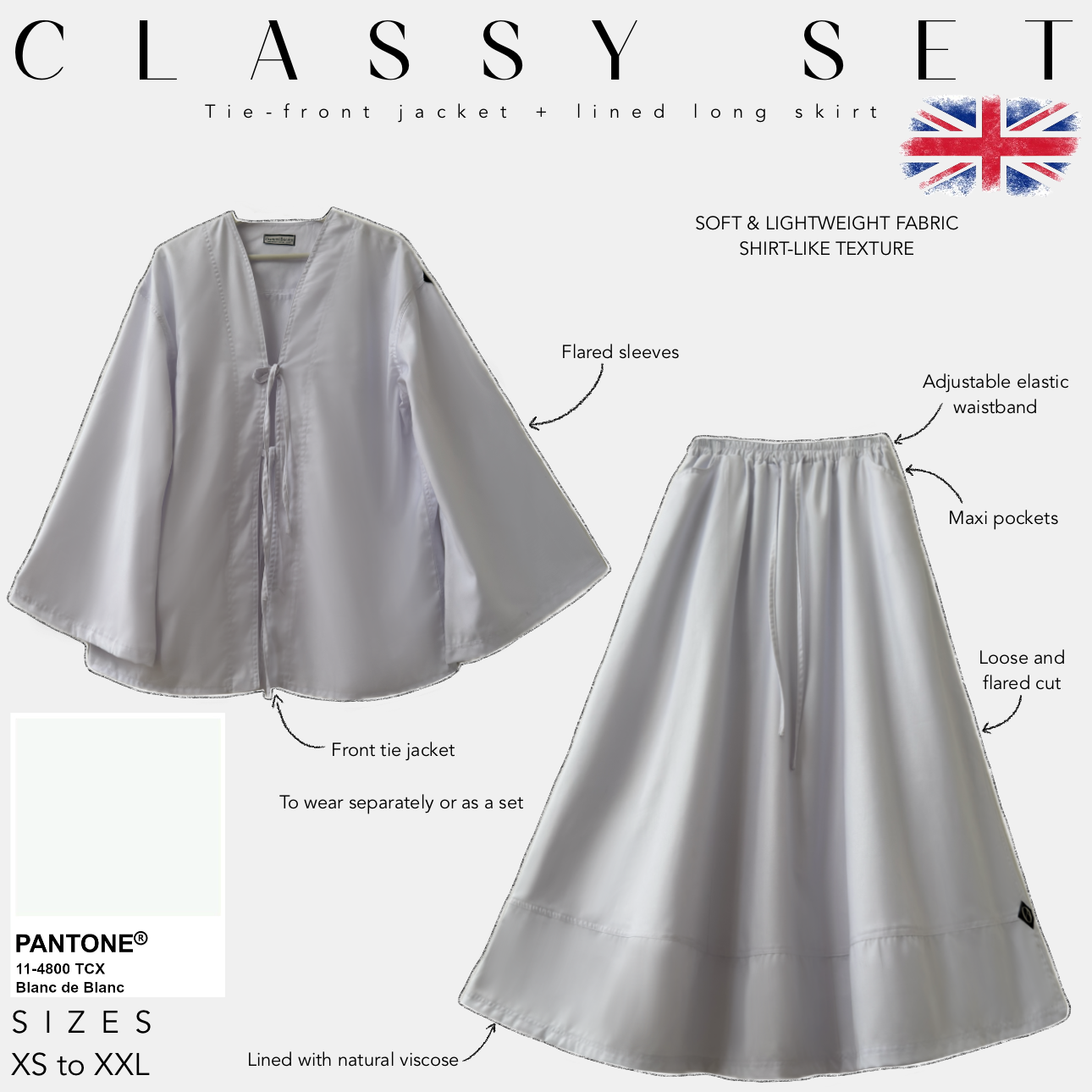 Tie - front jacket + lined long skirt classy set blanc de blanc