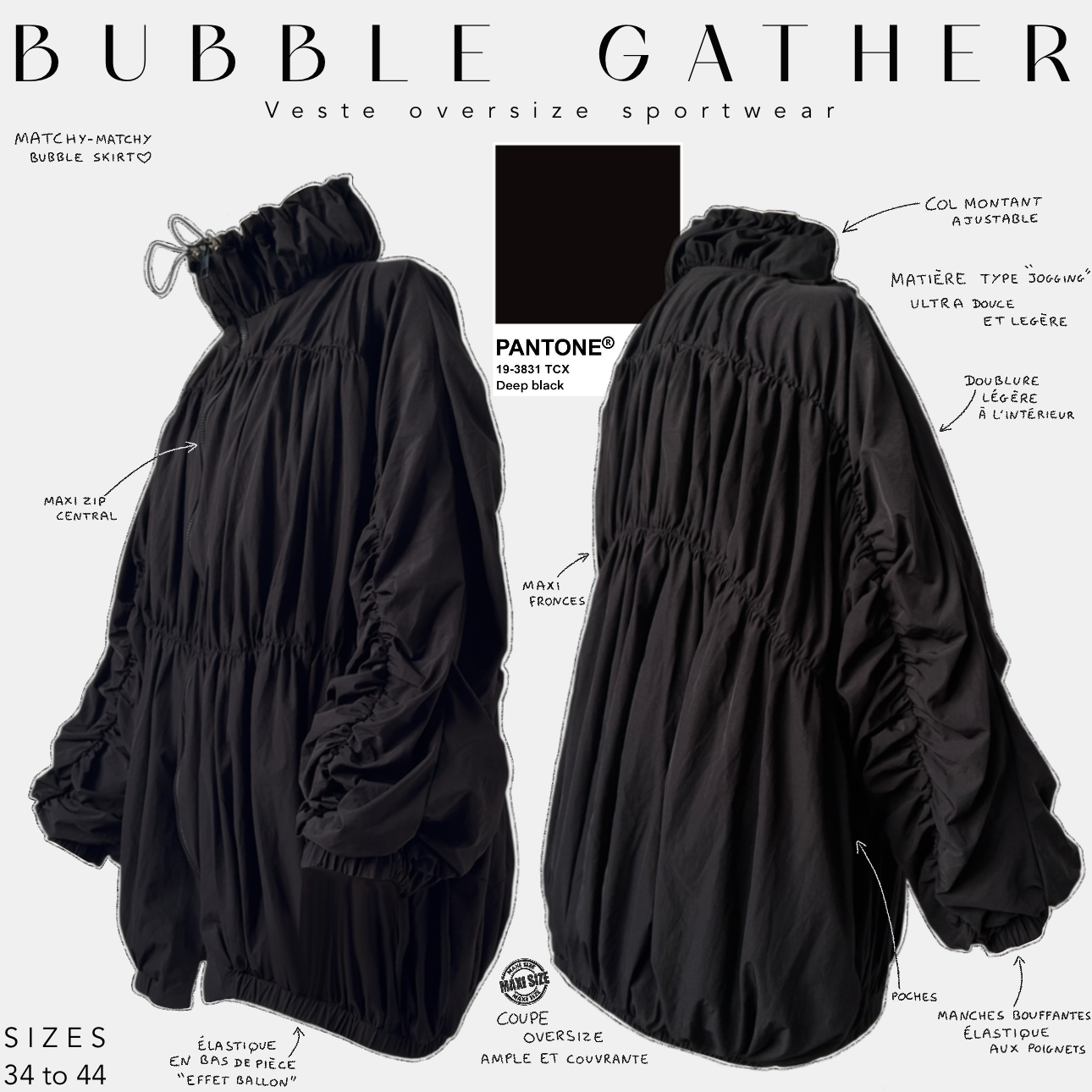 bubble gather vest oversize sportswear  pantone deep black 