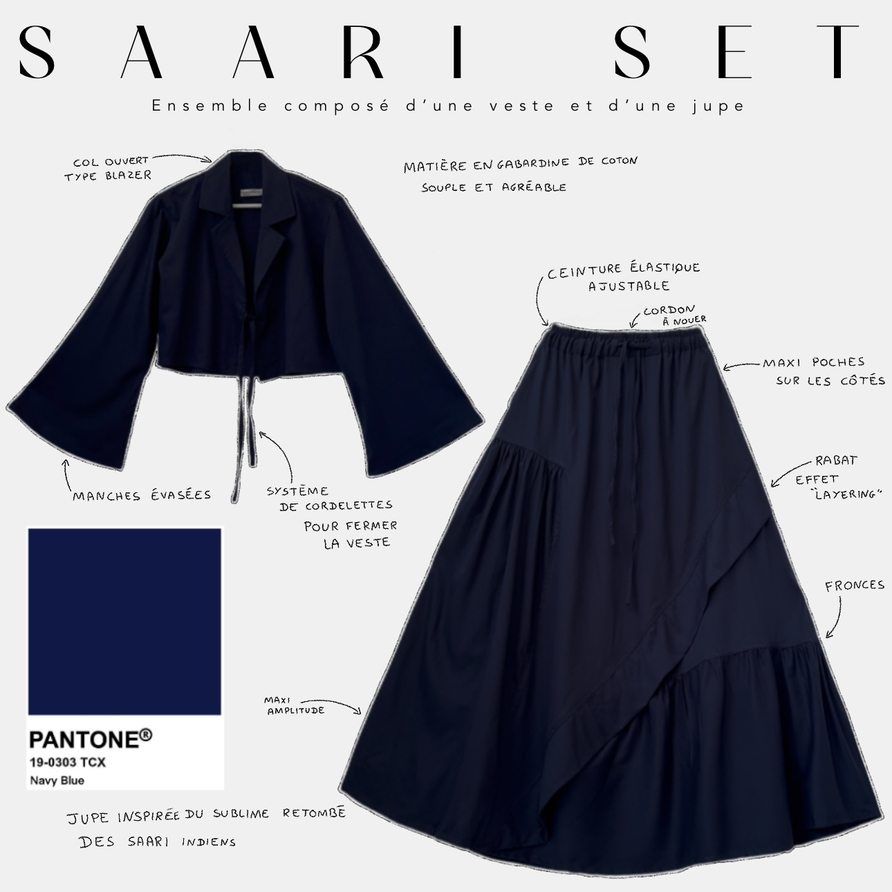 ensemble composé d' une vest et d' une jupe saari set navy blue