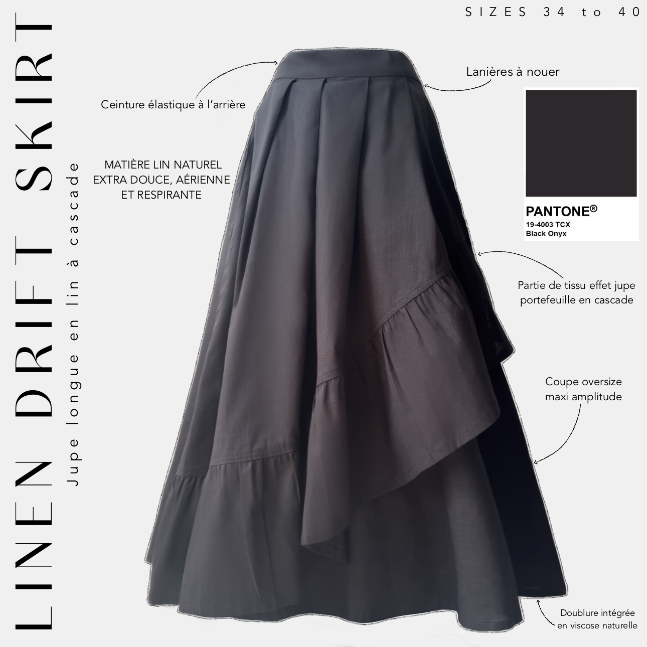 linen drift skirt jupe longue en lin à cascade black onyx