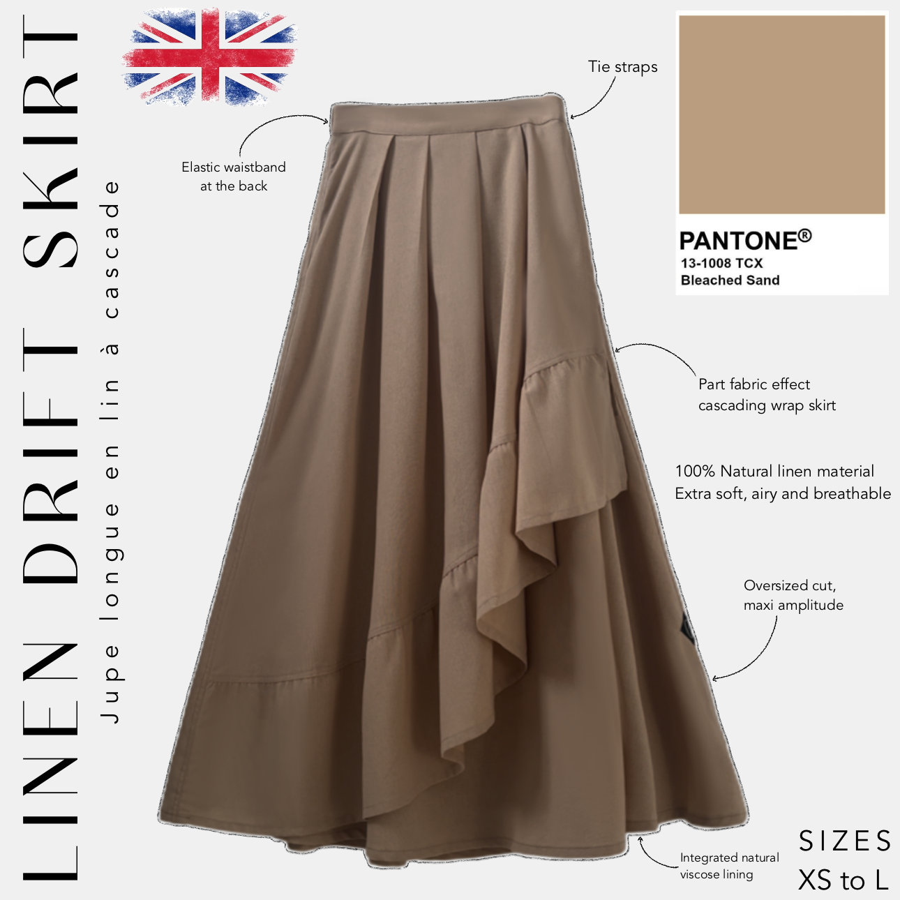 linen  drift skirt jupe longue en lin à cascade bleached sand