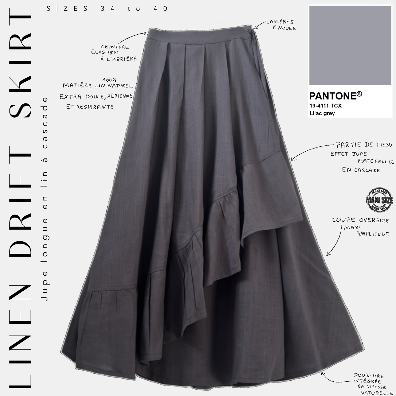 linen drift skirt jupe longue en lin à cascade lilac grey 