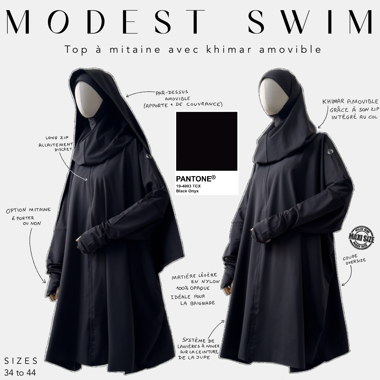 modest swim top à mitaine  avec khimar amovible black onyx 
