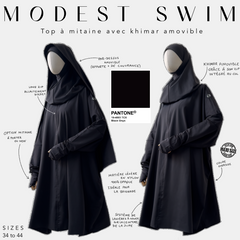 modest swim top à mitaine  avec khimar amovible black onyx 