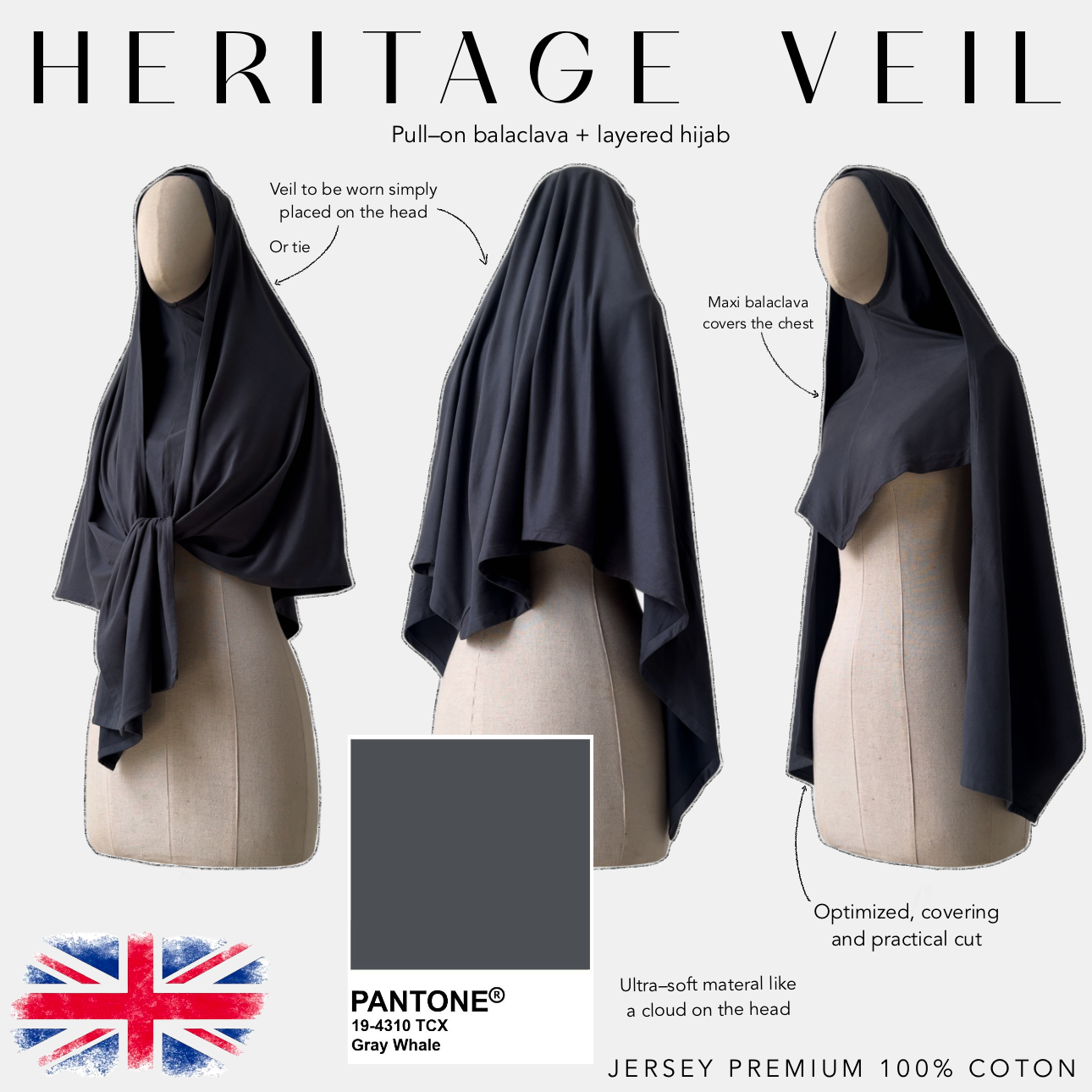 pull - on balaclava +  layered hijab grey whale  