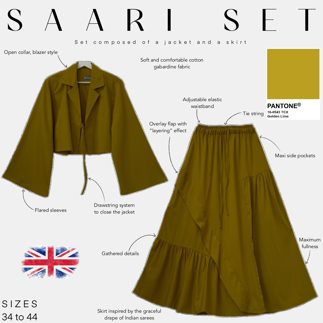set composed of jacket and skirt sari set golden lime