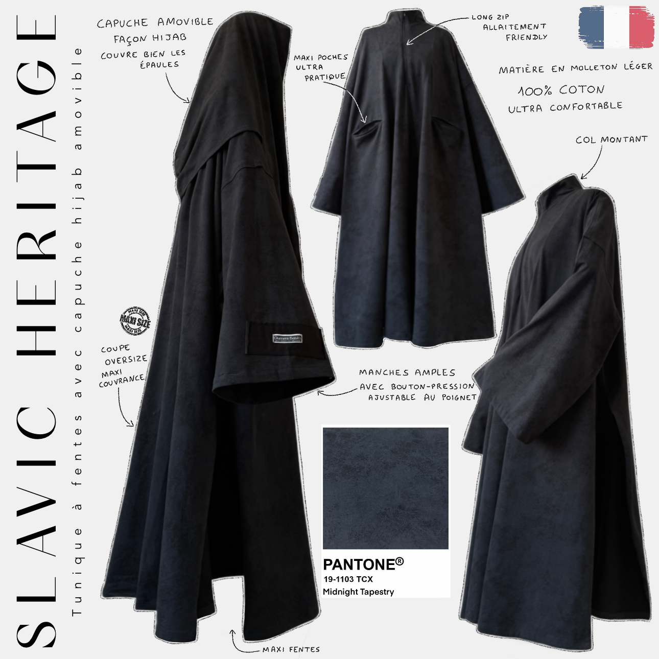 slavic heritage tunique à fentes avec capuche hijab amovible pantone midnight tapestry