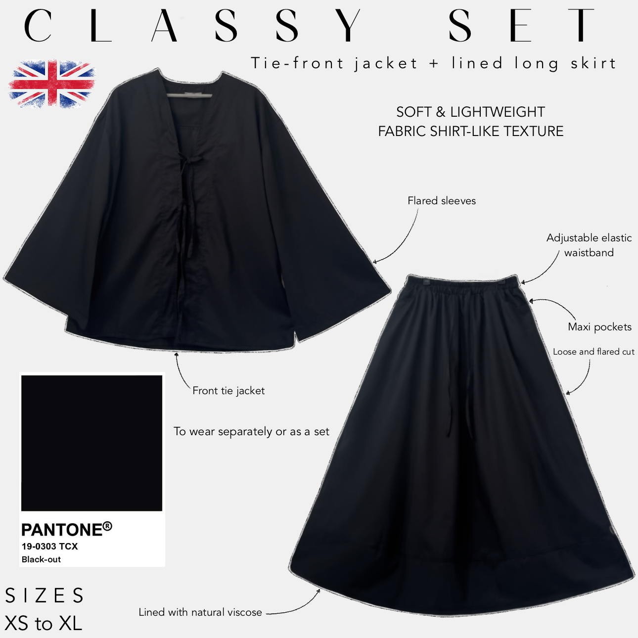 tie - front jacket + lined long skirt classy set black - out 